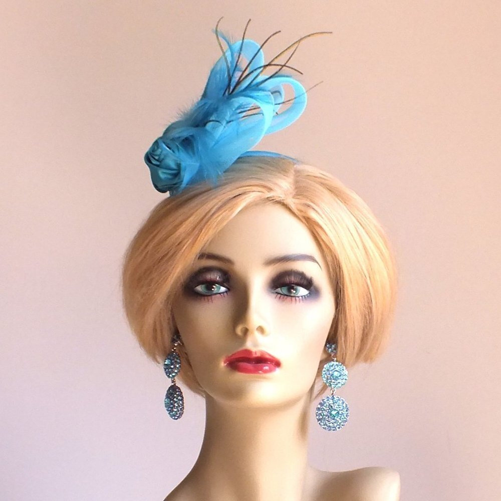 Blue Roses Headband Fascinator with Bows and Blue Feathers